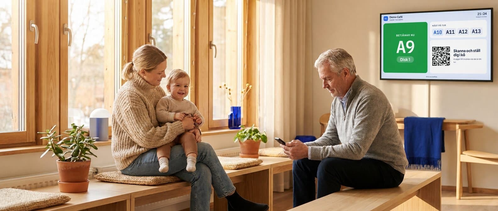 Ett väntrum i morgonljus — en familj och en äldre man väntar medan TV:n visar att A9 betjänas vid Disk 1 och vilka som står näst på tur