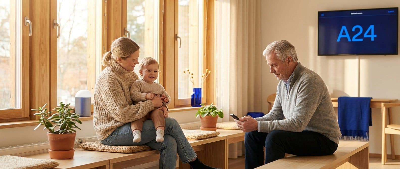 Ett väntrum i morgonljus — en familj och en äldre man väntar medan TV:n visar könummer A24